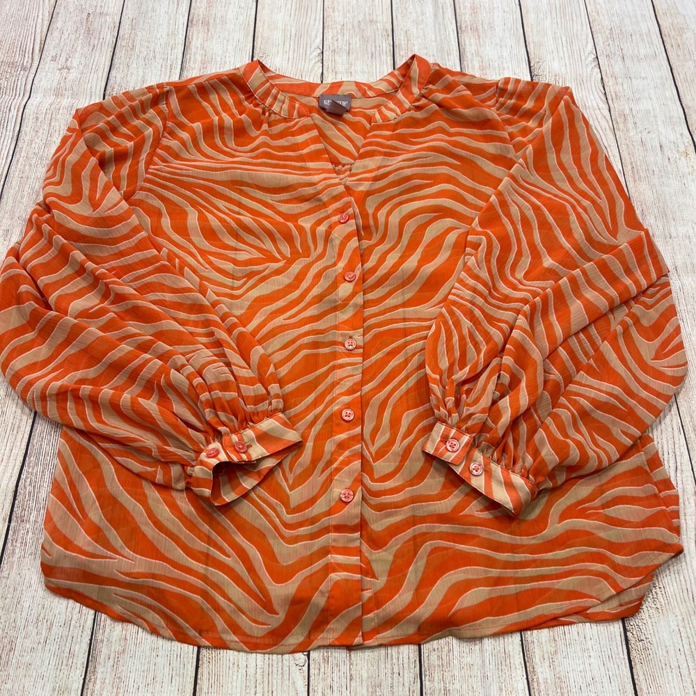 Chicos Orange Zebra Print‎ Balloon Sleeve Button Down Blouse Top Size 2 Large